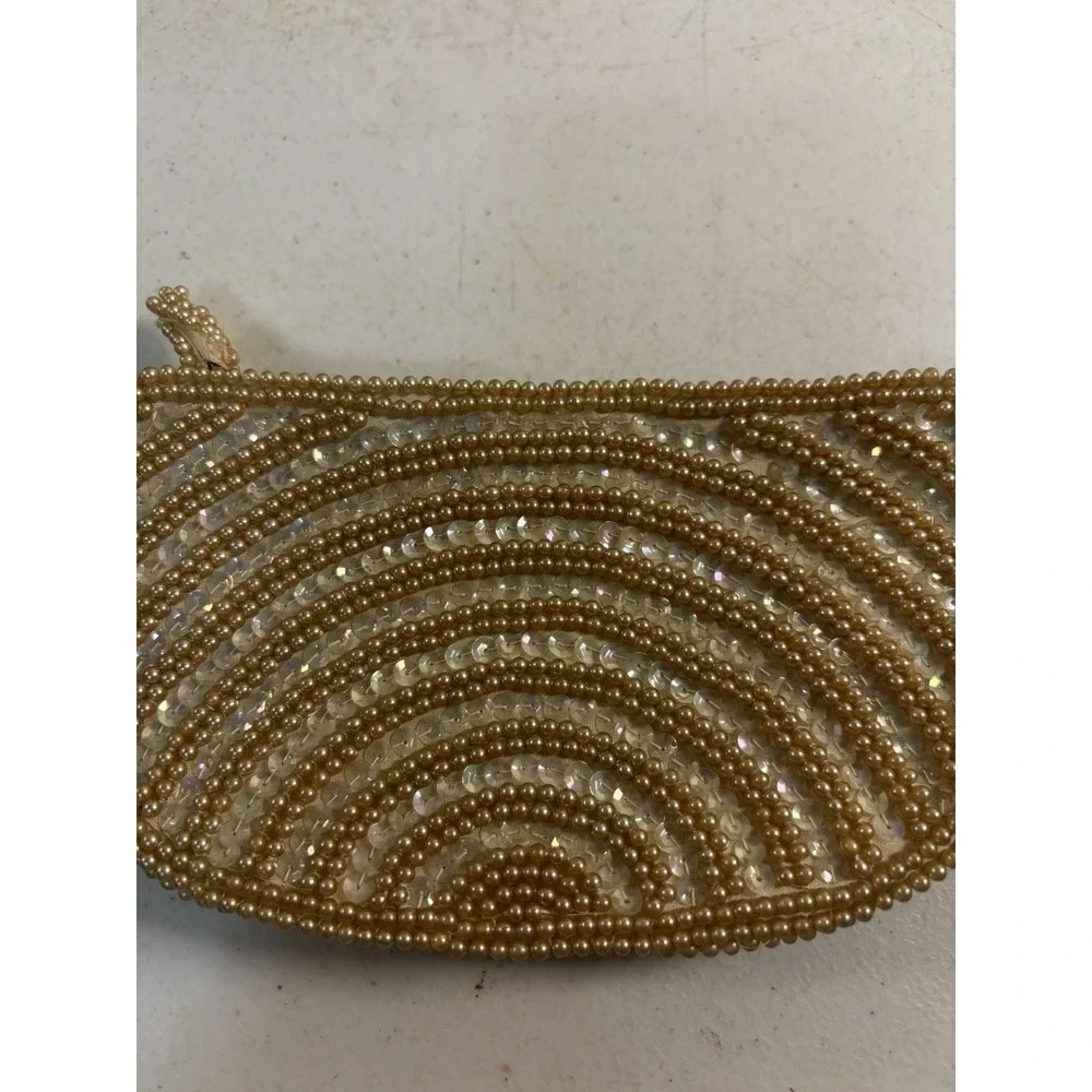 David's Import Clutch Purse Bag Cream Sequin Bead Zip Phone Size‎ Japan Nice Vtg